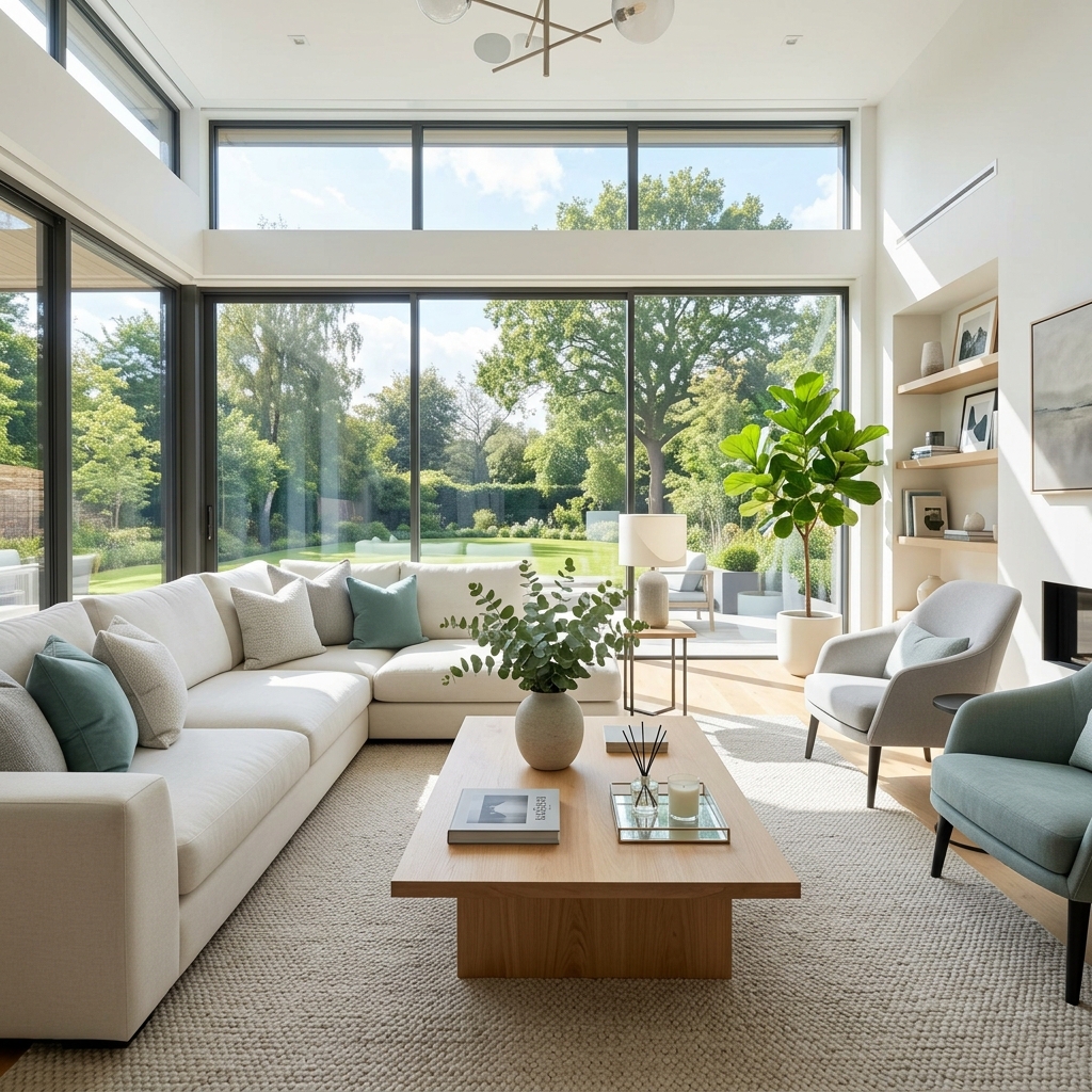 Modernt ren ljust vardagsrum